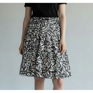 Black White Botanical Silk Blend Box Pleat Full A-Line Skirt Jones New York 4
